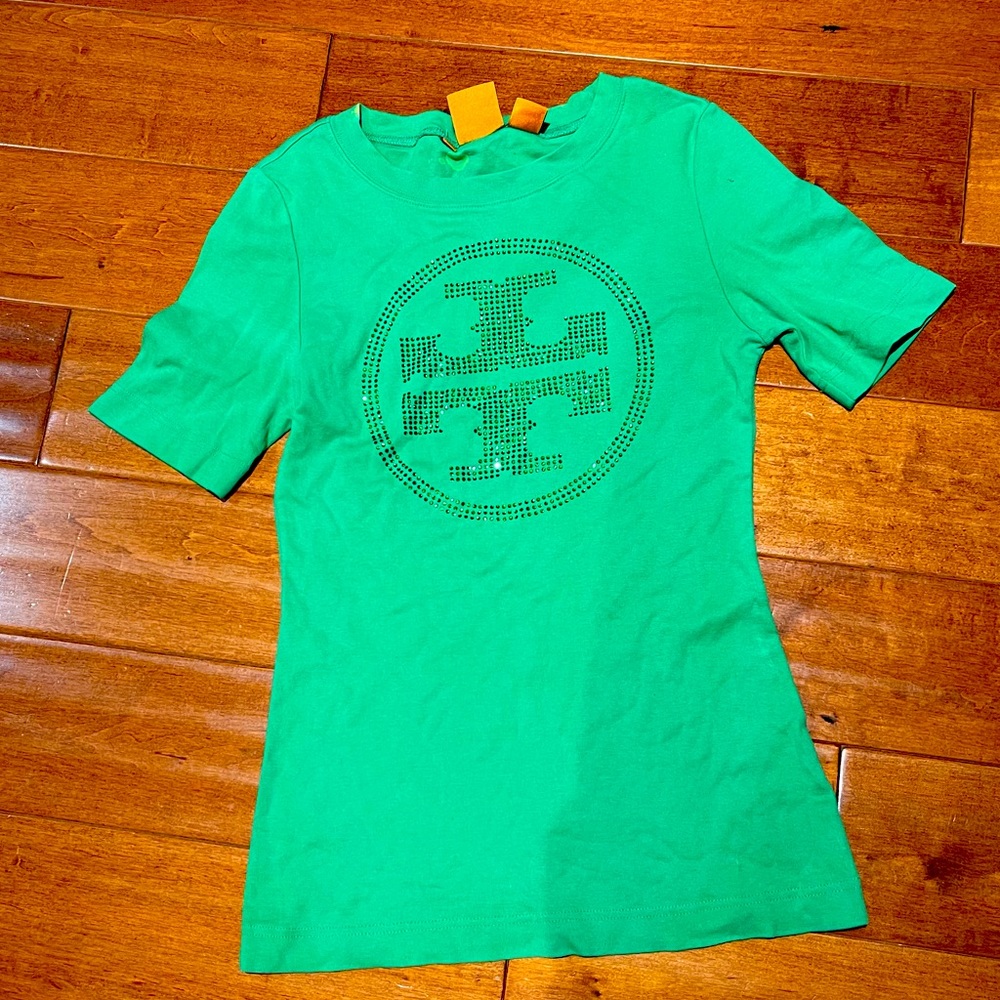 Tory Burch logo beaded embellished green top sz S